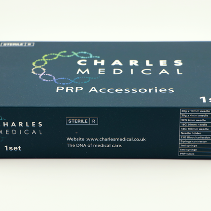 Complete PRP ACD-Gel kit with sterile tubes, assorted needles, syringes, tourniquet, and skin cleaning wipes.