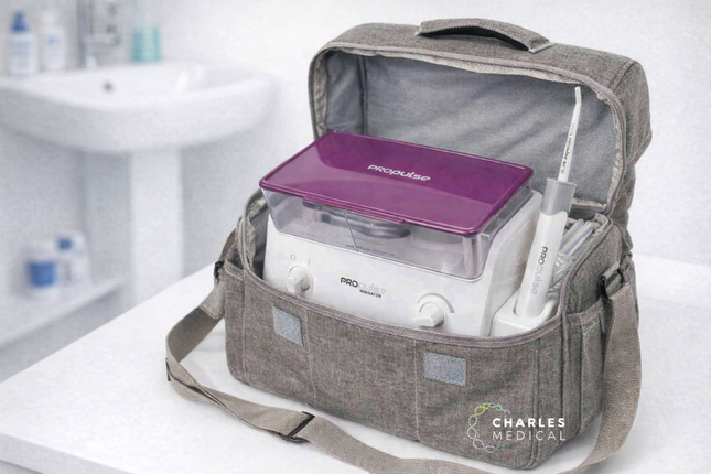 Gray medical bag with ear irrigation machine equipment on a white surface, branded 'Charles Medical'.