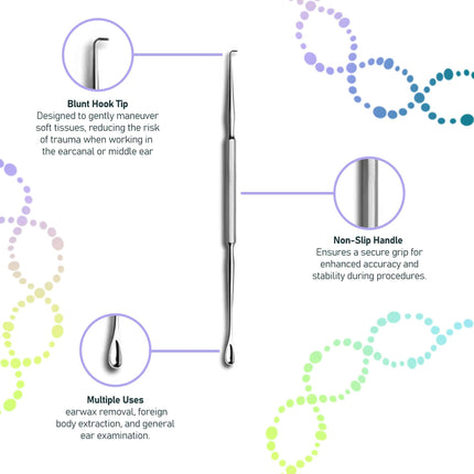 Gross ear curette and hook in clinical tray, ENT wax removal tool set, reusable stainless steel packaging display

hooked tip of ear curette tool, used for foreign body extraction, reusable stainless steel ENT tool

Gross ear curette and hook ENT tool made from stainless steel

Close-up of looped curette and hooked end for ear wax removal

Packs of 3, 5, and 10 reusable ENT ear curettes for clinical use

Double-ended ENT instrument for audiology and general practice

Stainless steel ear curette used in wax 