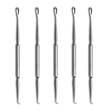 Gross ear curette and hook ENT tool made from stainless steel

Close-up of looped curette and hooked end for ear wax removal

Packs of 3, 5, and 10 reusable ENT ear curettes for clinical use

Double-ended ENT instrument for audiology and general practice

Stainless steel ear curette used in wax removal procedure