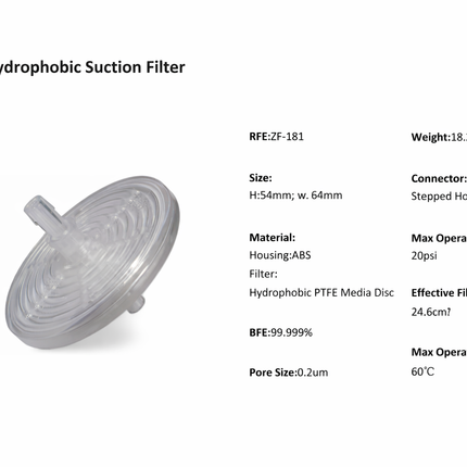 3A Hydrophobic Suction Filter with specifications on a white background