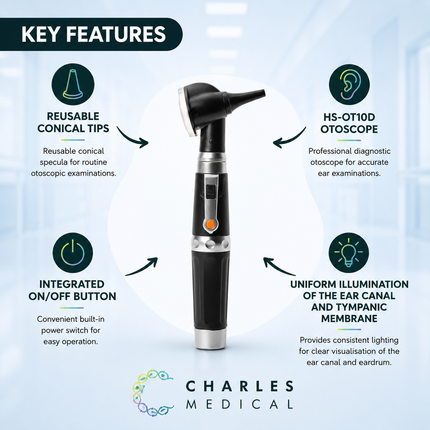 Otoscope with key features highlighted on a white background, branded as Charles Medical.