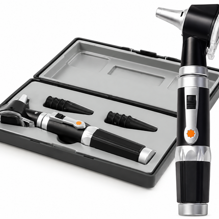 Black and silver otoscope with attachments on a white background
