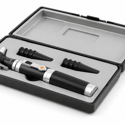 Set of medical tools including a otoscope and flashlight in an open case on a white background