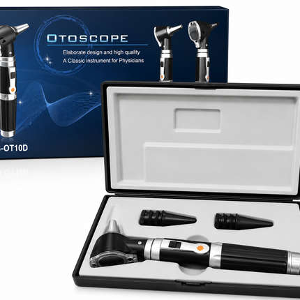Otoscope in open case with packaging in the background
