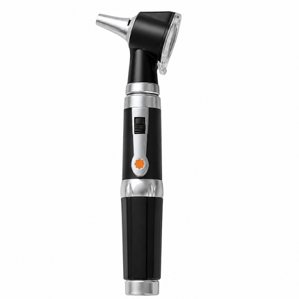 Black and silver otoscope on a white background