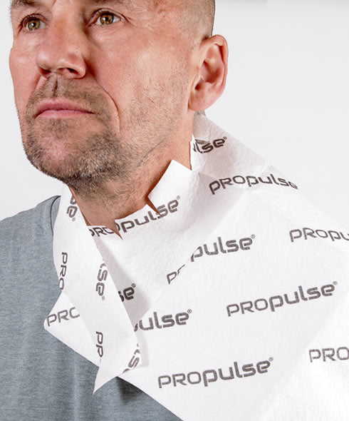 Man wearing a white bandage with 'Propulse' branding on a white background