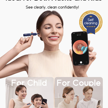 smart otoscope with built-in tweezers, close-up of ear camera tip for wax and foreign body removal