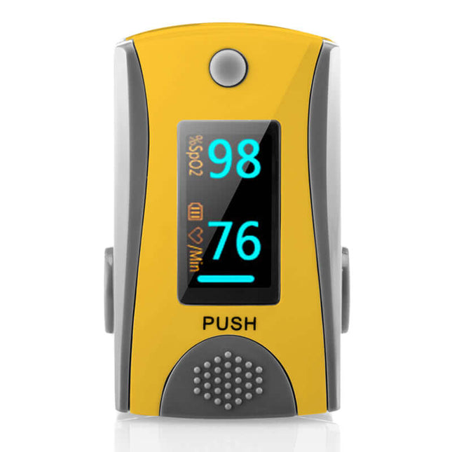 M70 professional fingertip pulse oximeter showing SpO2 98% and pulse rate 76, ideal for home and clinical monitoring.