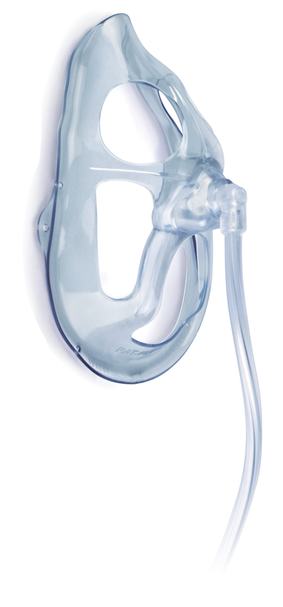 Oxy2Mask adult oxygen mask with tubing for high flow and aerosol therapy in acute care settings.