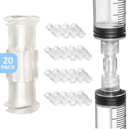 bulk pack of 20 syringe couplers, female Luer Lock adaptors for aesthetic and lab use, detailed view of Luer Lock female-to-female syringe coupler for clinical use