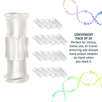 bulk pack of 20 syringe couplers, female Luer Lock adaptors for aesthetic and lab use, detailed view of Luer Lock female-to-female syringe coupler for clinical use