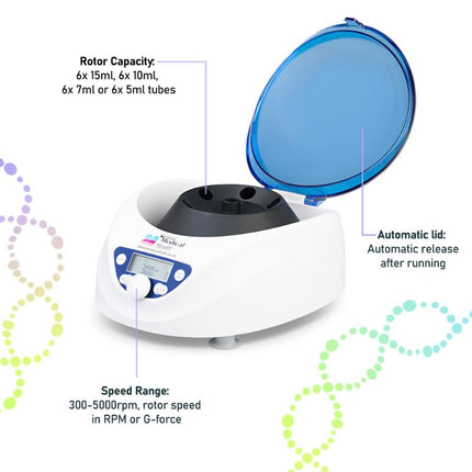 compact CF0506 centrifuge side view, ideal for space-saving in labs and diagnostic clinics, CF0506 high-performance laboratory centrifuge, front view, compact medical centrifuge for clinical use, user-friendly LCD interface on CF0506 centrifuge with preloaded programs and speed control



