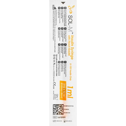 A single 1ml Sol-Med insulin syringe in its original white packaging sleeve, featuring orange and yellow branding and black text, shown against a plain white background.