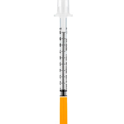 A 10 mL medical syringe with a clear plastic barrel and plunger, featuring black measurement markings and an orange plunger tip, isolated on a white background.