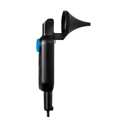 A black otoscope with a blue adjustment dial and a black earpiece attachment, shown against a plain white background.