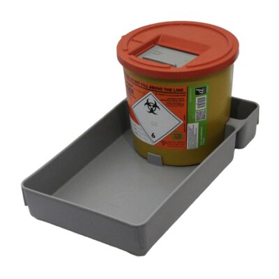 A gray plastic hazardous waste container tray holding a yellow biohazard waste can with an orange lid, shown on a plain white background.