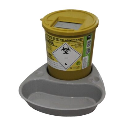 A yellow biohazard waste container with a gray plastic collection tray base, shown on a plain white background.