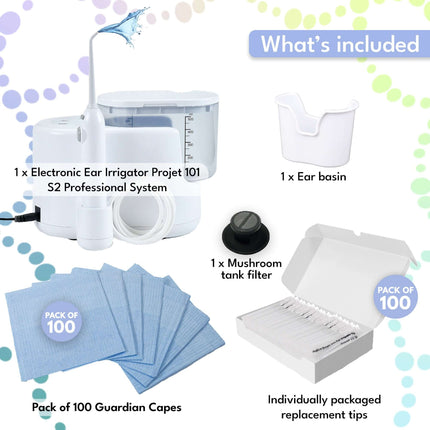 Ear irrigation kit bundle with Projet 101 machine showing included components: electronic irrigator, basin, tips, capes, and filter.