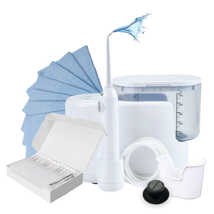 Ear irrigation kit bundle with Projet 101 machine, featuring irrigator, tips, capes, valve, basin for clinical ear care.