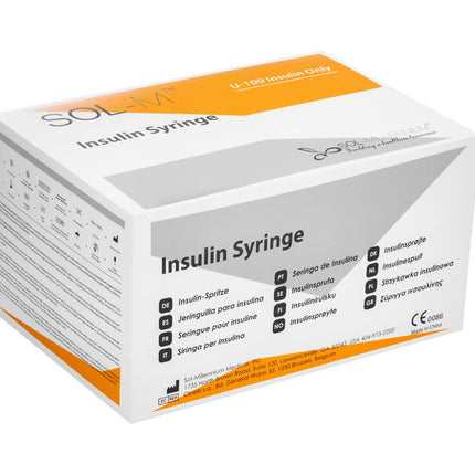 Box of insulin syringes with visible branding on a white background