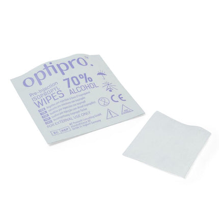 Pre-injection alcohol wipes package and individual wipe for skin cleansing.