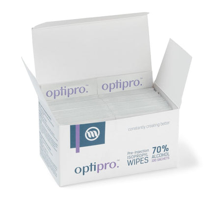 Box of pre-injection alcohol wipes containing 70% isopropyl alcohol for skin cleansing prior to medical procedures, 100 sachets included