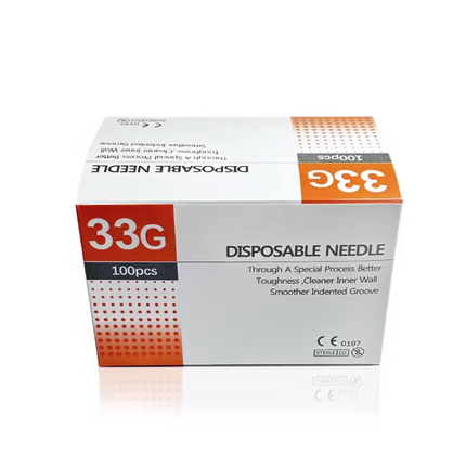 Box of disposable needles with 33G specification on a white background