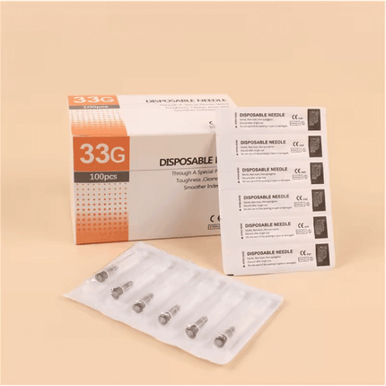 Box of 100 33G x 13mm mesotherapy needles for skincare, individually packed for hygiene with secure luer hub.