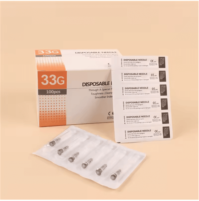 Box of 100 33G x 13mm mesotherapy needles for skincare, individually packed for hygiene with secure luer hub.