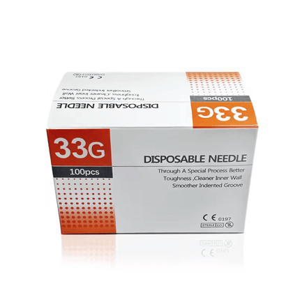Box of 33G x 13mm mesotherapy needles for precise skincare treatments, featuring 100 sterile, single-use needles.