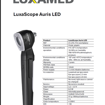 A product information sheet for the Luxamed LuxaScope Auris LED otoscope, showing a black and silver otoscope on the left and a detailed specification table on the right against a white background.