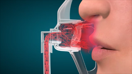 Illustration of adult oxygen mask with tubing showing airflow to patient's nose