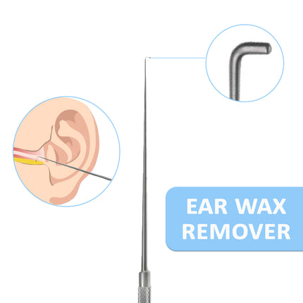 St Barts ear wax hook, stainless steel cerumen removal tool for professional ear cleaning, close-up of precision ear wax hook tip, medical-grade ENT tool for safe earwax removal, St Barts ear wax removal hook in clinical packaging, reusable stainless steel ear cleaning tool