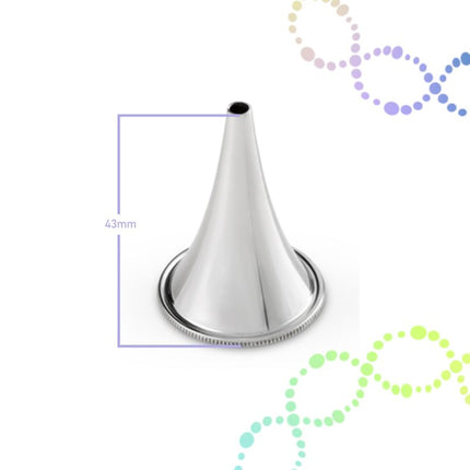 close-up of stainless steel ear specula tip, reusable ENT diagnostic instrument