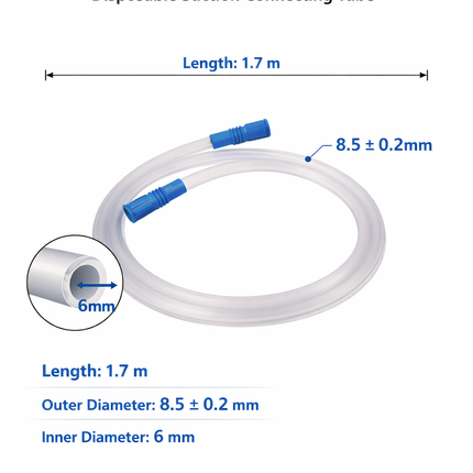 Disposable suction connecting tube with measurements on a white background