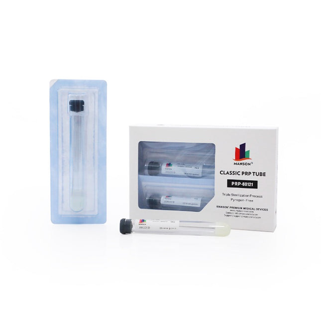 Manson PRP Tubes 10ml with ACD Gel – Box of 4 sterile tubes for platelet-rich plasma extraction, available from Charles Medical UK