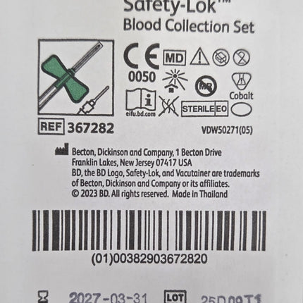 BD Safety Lok Butterfly Needles packaging with barcode and expiry date