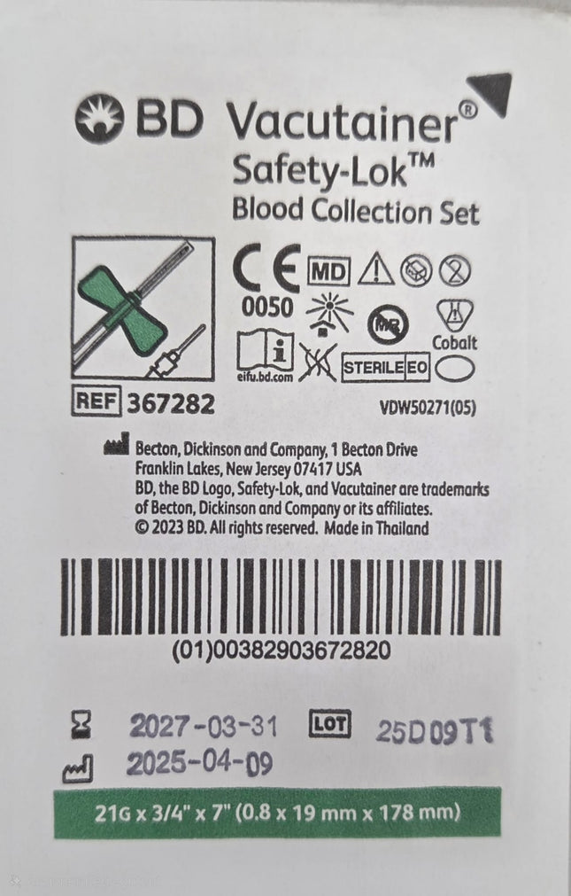 BD Safety Lok Butterfly Needles packaging with barcode and expiry date