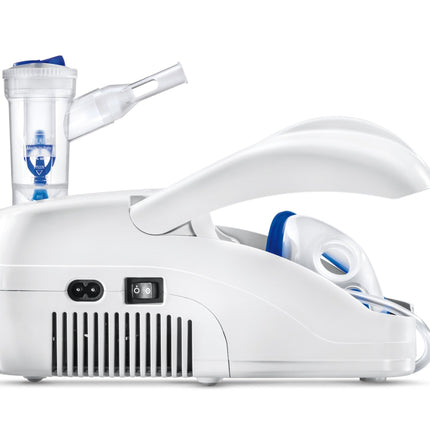 White and blue dental device with clear container on a white background