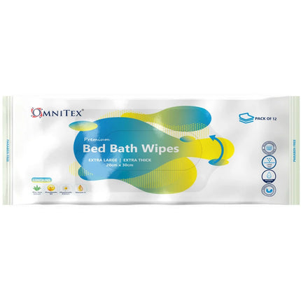 Pack of OmniTex bed bath wipes on a white background