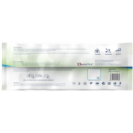 The back of a packaged product pouch, showing printed instructions, icons, a barcode, and the Omnitex brand name on a white background.