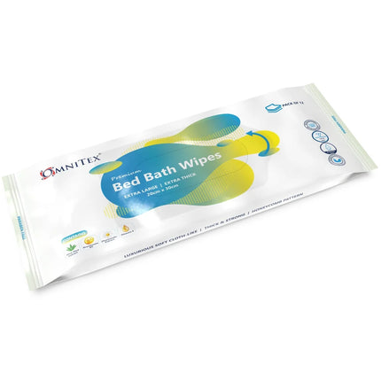 Omnitex bed bath wipes packaging on a white background
