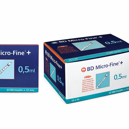 Box and syringe of 29G insulin syringes 0.5ml BD Micro-Fine fixed needle displayed