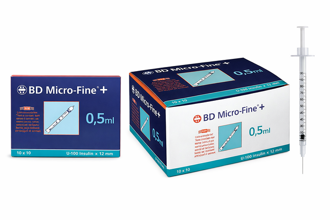 Box and syringe of 29G insulin syringes 0.5ml BD Micro-Fine fixed needle displayed