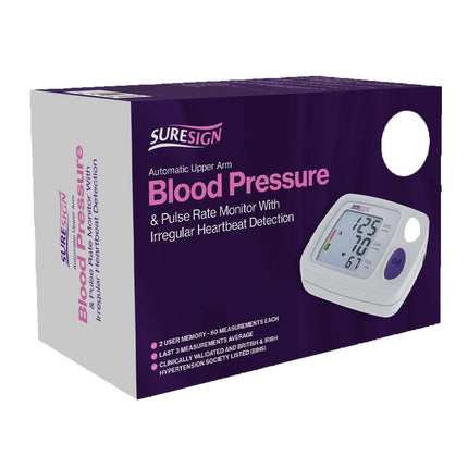 Suresign upper arm blood pressure monitor digital device box with display for accurate blood pressure and pulse measurement.