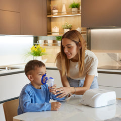 Woman and child in a kitchen with a pacifier and bottle