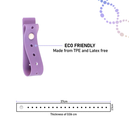Purple latex free disposable tourniquet strap with stud fastener, eco-friendly made from TPE, 37cm length, 2.5cm width.