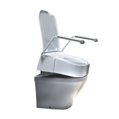 A white ceramic toilet with a raised seat, shown with a silver metal grab bar mounted on the sides. The product is isolated on a solid white background.