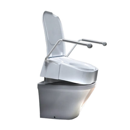 A white ceramic toilet with a raised seat, shown with a silver metal grab bar mounted on the sides. The product is isolated on a solid white background.